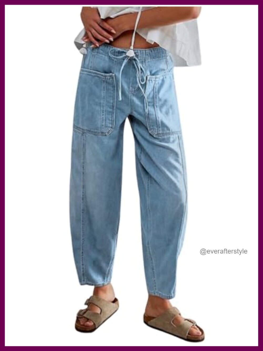 Women's Elastic Waist Drawstring Barrel Jeans Wide Leg Denim Pants
